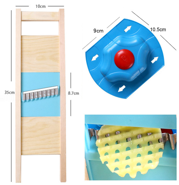 Fából készült zöldségvágó rozsdamentes acél penge kézi aprító burgonyarács szeletelő hullámos hálószeletelő konyhai kütyü készletek