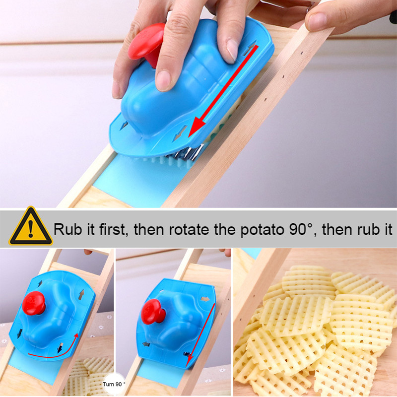 Fából készült zöldségvágó rozsdamentes acél penge kézi aprító burgonyarács szeletelő hullámos hálószeletelő konyhai kütyü készletek