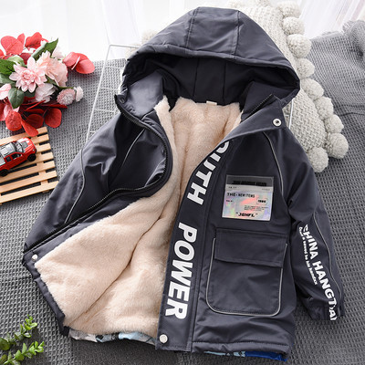 Geacă de iarnă căptușită pentru băieți cu glugă și inscripție model nou