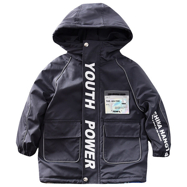 Geacă de iarnă căptușită pentru băieți cu glugă și inscripție model nou