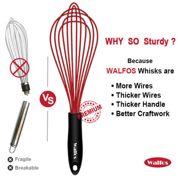 Whisk από σιλικόνη από ανοξείδωτο χάλυβα Walfos 3 τεμαχίων - Αναδευτήρας κουζίνας με μπολ ανάμειξης για αντικολλητικό εργαλείο κουζίνας με αφρό αυγών