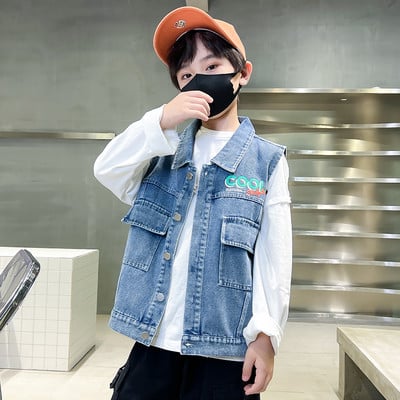 Vaikiška džinsinė liemenė su klasikine apykakle ir kišene