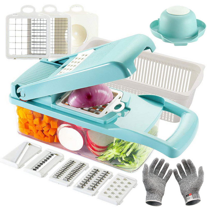 Super Value Mandoline Zöldségvágó aprító kesztyűvel Állítható hagyma burgonyaszeletelő Konyhai eszközök Kiegészítők