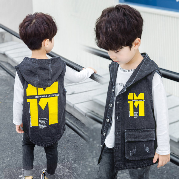 Detská rifľová vesta pre chlapcov - s kapucňou