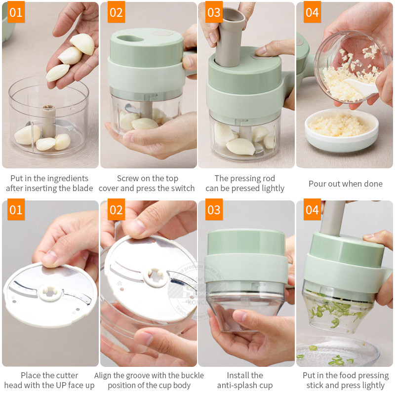 Set de tăiat legume electrice 4 în 1, tocător portabil de legume Tocător de usturoi Tocator de nămol Tocător de mâncare Unelte de bucătărie