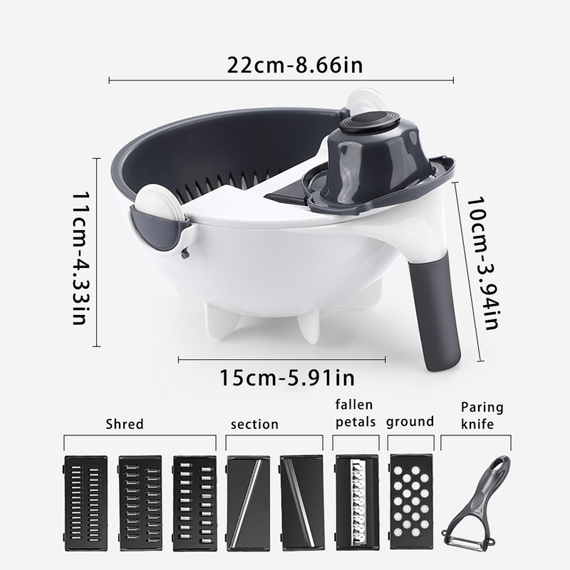 Tăiător de legume multifuncțional Mașini de tăiat Tăiător de fructe Mașină de curățat cartofi Răzătoare de morcovi Accesorii de bucătărie Coș Mașină de tăiat legume