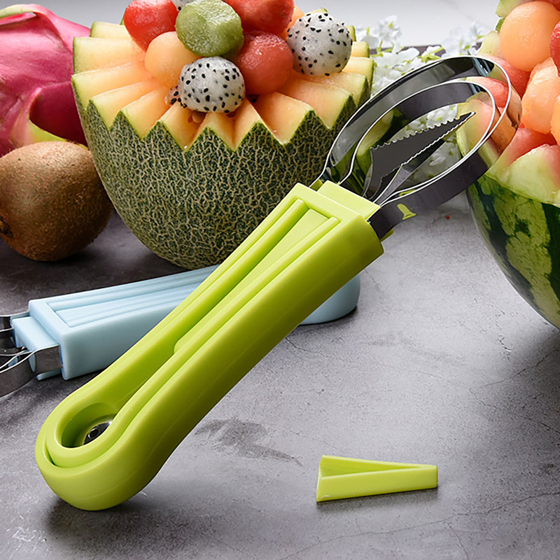 2db 4 az 1-ben görögdinnye szeletelő gombóc Gyümölcsfaragó Kés Vágó Gyümölcstál Gyümölcs Dig Pépleválasztó Konyhai kütyük Kiegészítők