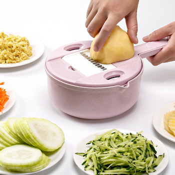 Практична многофункционална резачка за зеленчуци Резачка за картофи Ренде за сирене и плодове Кухненски инструмент, включително предпазител за ръката и кошница за отцеждане