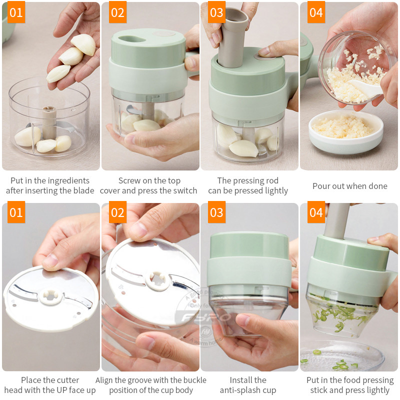 Set de feliere de legume electrice de mână 4 în 1 unealtă de bucătărie cu încărcare USB Concasor de usturoi mașină de tocat carne cu presa automată de usturoi
