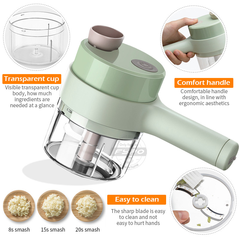 Set de feliere de legume electrice de mână 4 în 1 unealtă de bucătărie cu încărcare USB Concasor de usturoi mașină de tocat carne cu presa automată de usturoi