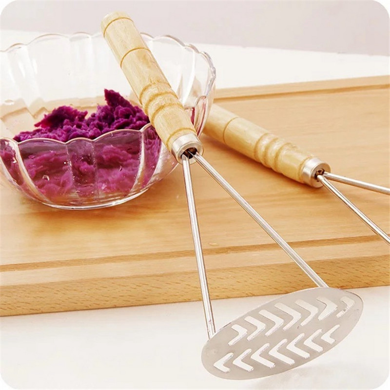 2 bucăți zdrobitor de cartofi din oțel inoxidabil instrument de zdrobire a alimentelor gătite, zdrobitor manual de fructe și legume, mâner din lemn, accesorii de bucătărie