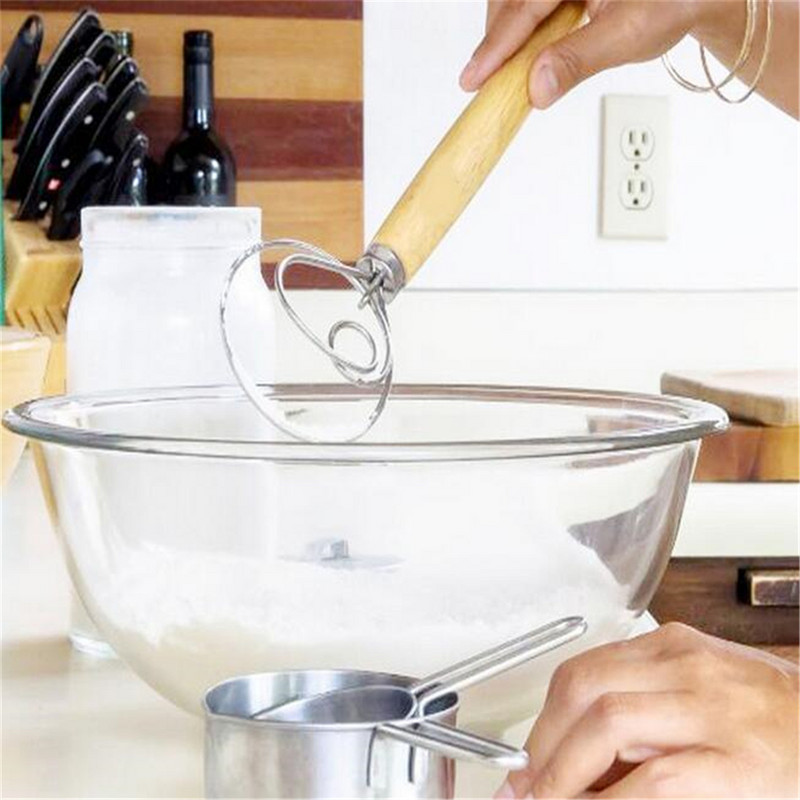 Naujas kiaušinių plaktuvo maišytuvo įrankis nerūdijančio plieno maišytuvas su ąžuolo medžio rankena, skirtas „pasidaryk pats“ duonos tešlai, kepiniams, tešlos plaktuvui virtuvės įtaisams