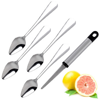 5 БР. Лъжици за грейпфрут Назъбени лъжици за сервиране на плодове от неръждаема стомана Лъжица за десертни плодове с белачка за грейпфрут Кухненски инструменти