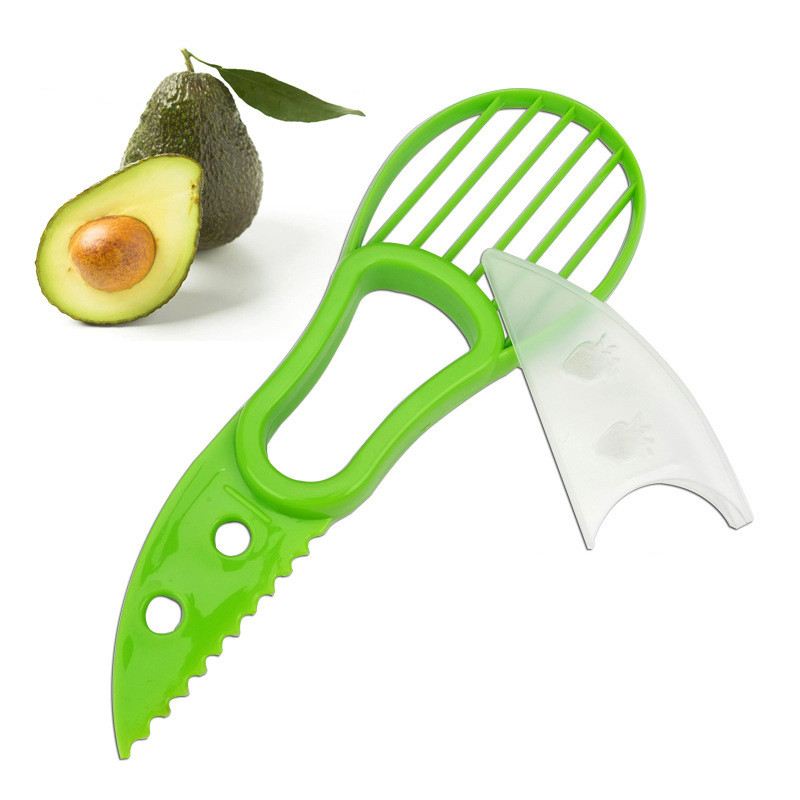 1 vnt. plastikinė avokadų pjaustyklė, daugiafunkcė „trys viename“ patogūs vaisiniai įrankiai, avokadų skustukas, virtuvės reikmenys