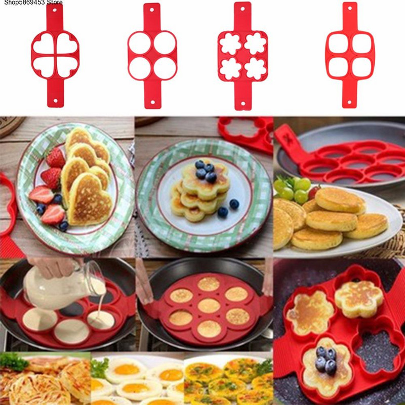 Aparat za pečenje palačinki s neprijanjajućim slojem Aparat za pečenje jaja s 4 rupe Silikonski kalup za palačinke Kalup za prženje jaja DIY Kuhinjski alat s kvadratnim srcem i krugom