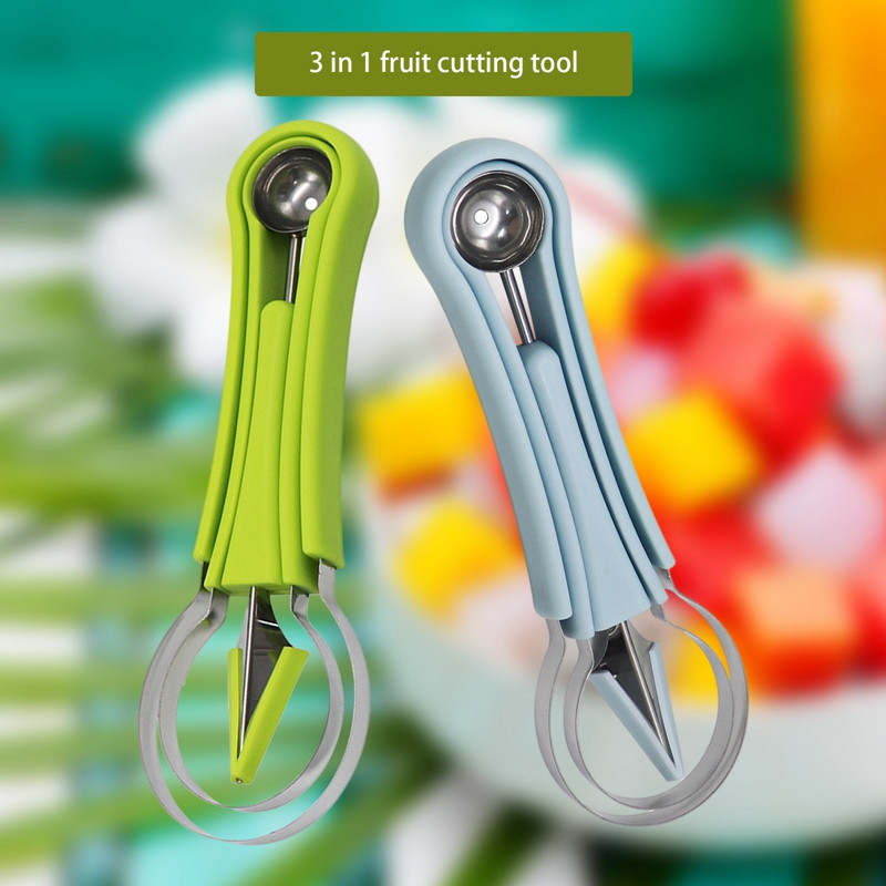 Ustensile de bucătărie portabile Gadget-uri pentru tăierea fructelor, trei-în-unul, din oțel inoxidabil.