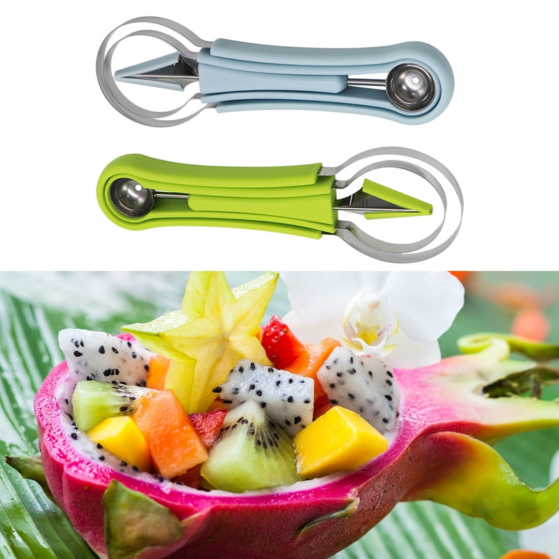 Ustensile de bucătărie portabile Gadget-uri pentru tăierea fructelor, trei-în-unul, din oțel inoxidabil.