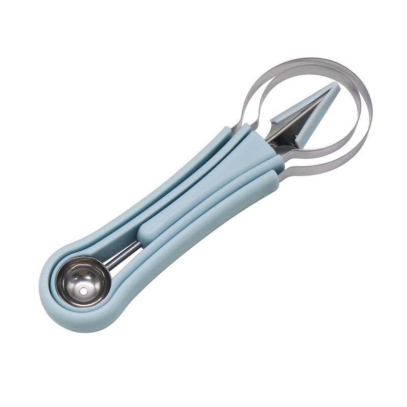 Ustensile de bucătărie portabile Gadget-uri pentru tăierea fructelor, trei-în-unul, din oțel inoxidabil.