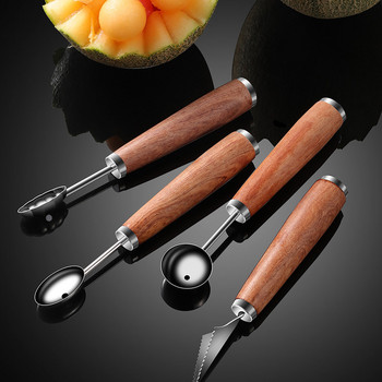 4 вида неръждаема стомана Нож за дърворезба на плодове и диня Дървена дръжка Melon Baller Диня Digging Ball Spoon Кухненски джаджи