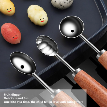 4 Τύποι ανοξείδωτο μαχαίρι καρπούζι σκάλισμα φρούτων Ξύλινη λαβή Πεπόνι Baller Καρπούζι σκάψιμο μπάλα κουτάλι Κουζίνα Gadgets