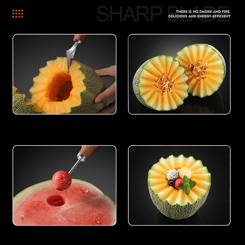 4 tipų nerūdijančio plieno vaisių arbūzų drožybos peilis medinė rankena meliono baleris arbūzų kasimo rutulinis šaukštas virtuvės prietaisai