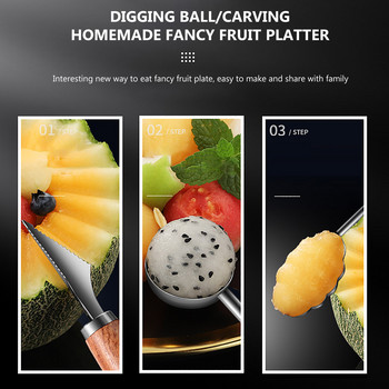 Melon Baller 4 вида дървена дръжка от неръждаема стомана, плодове, диня, нож за издълбаване на диня, топка за копаене на диня, лъжица, кухненски джаджи