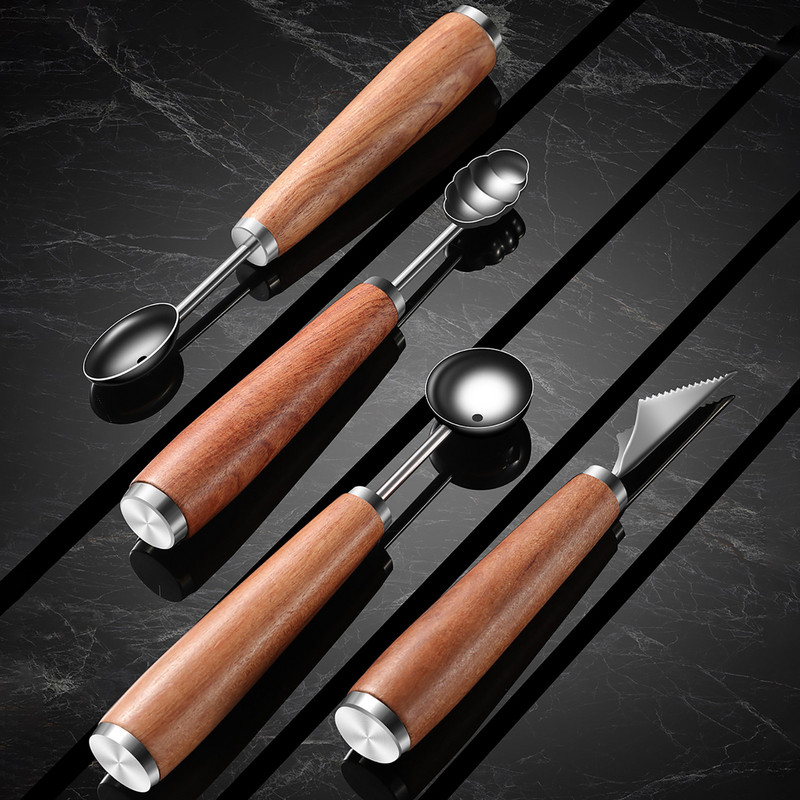 Melon Baller 4 tüüpi puidust käepidemega roostevabast terasest puuvili arbuusi nikerdusnuga arbuusi kaevamine palli lusikas köögividinad