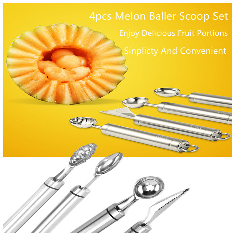 4db/szett Gyümölcsgolyós ásó berendezés rozsdamentes acél hordozható elválasztó görögdinnye kanál Baller mosható gombóc konyhai eszköz