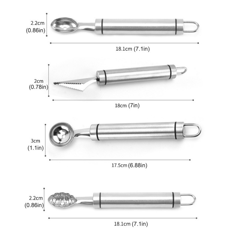 4db/szett Gyümölcsgolyós ásó berendezés rozsdamentes acél hordozható elválasztó görögdinnye kanál Baller mosható gombóc konyhai eszköz