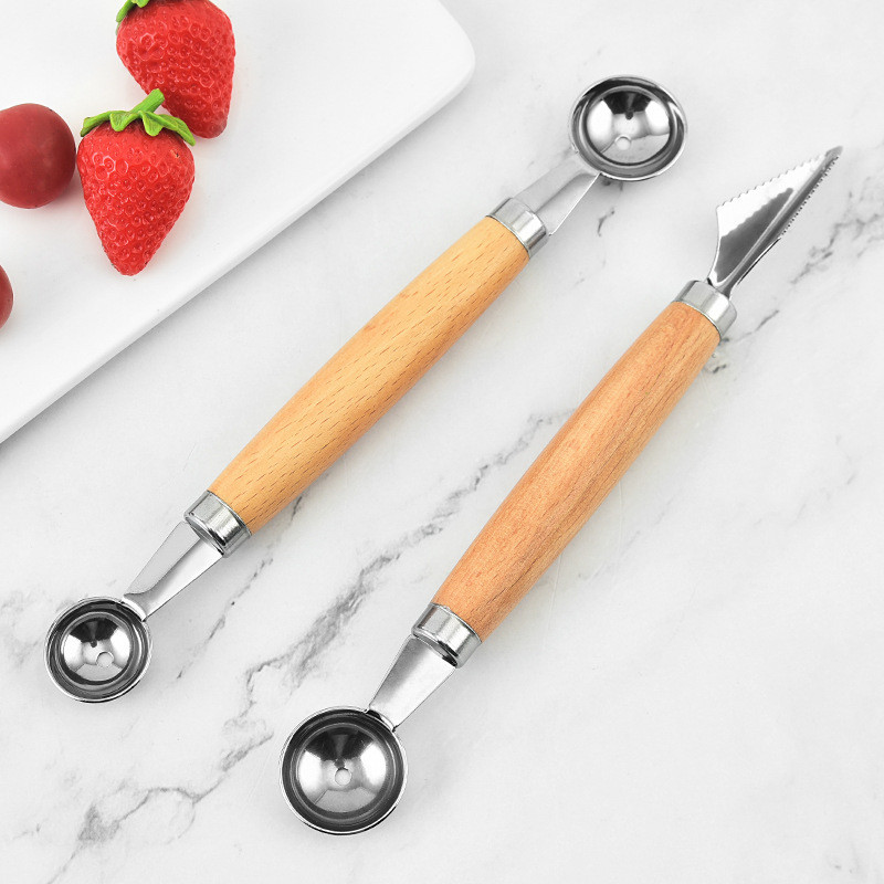 100 buc. 2 în 1 cuțit de sculptat cu bile de fructe cu două capete, cuțit de cioplit, fructe de kiwi, lămâie de apă, pepene galben, săpător de fructe, lingură de înghețată cu mâner