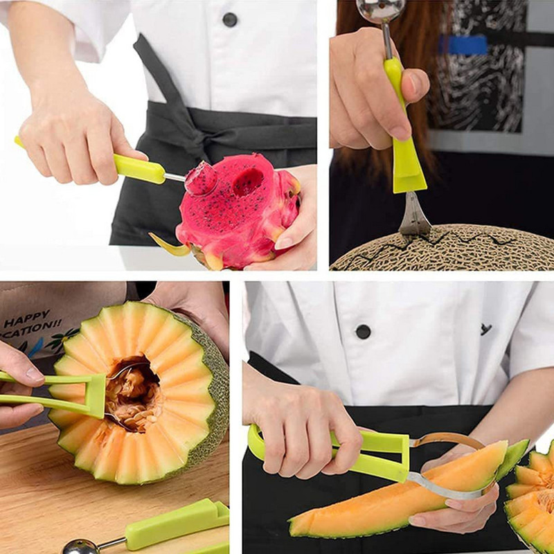 3 în 1 Melon Baller Pepene Pepene Tăiător Cutter Scoop Fructe Cuțit Sculpt Plată Fructe Săpător Fructe Pulpa Separator Gadgets de bucătărie