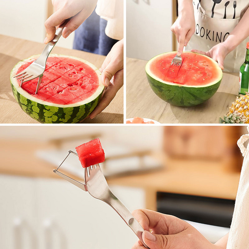 Görögdinnye szeletelő vágó, kétcélú, rozsdamentes acél otthoni gyümölcsvillák konyhai újszerű konyhai kiegészítők