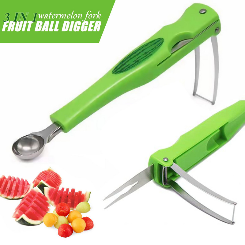 3 viename arbūzų skeltuvas nerūdijančio plieno pjovimo šakutė ir šaukštas virtuvei Patvarus ir lengvas meliono įrankis