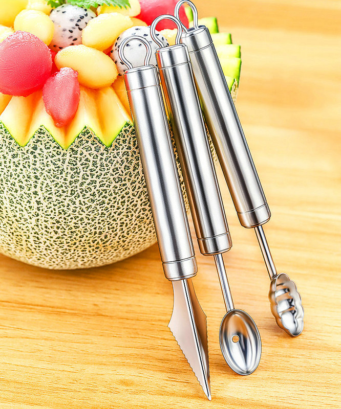 Kūrybinis vaisių pjaustytuvas nerūdijančio plieno vandens meliono kamuoliukų kasimo kaušeliai pasidaryk pats vaisių lėkštės drožimo peilių rinkinys