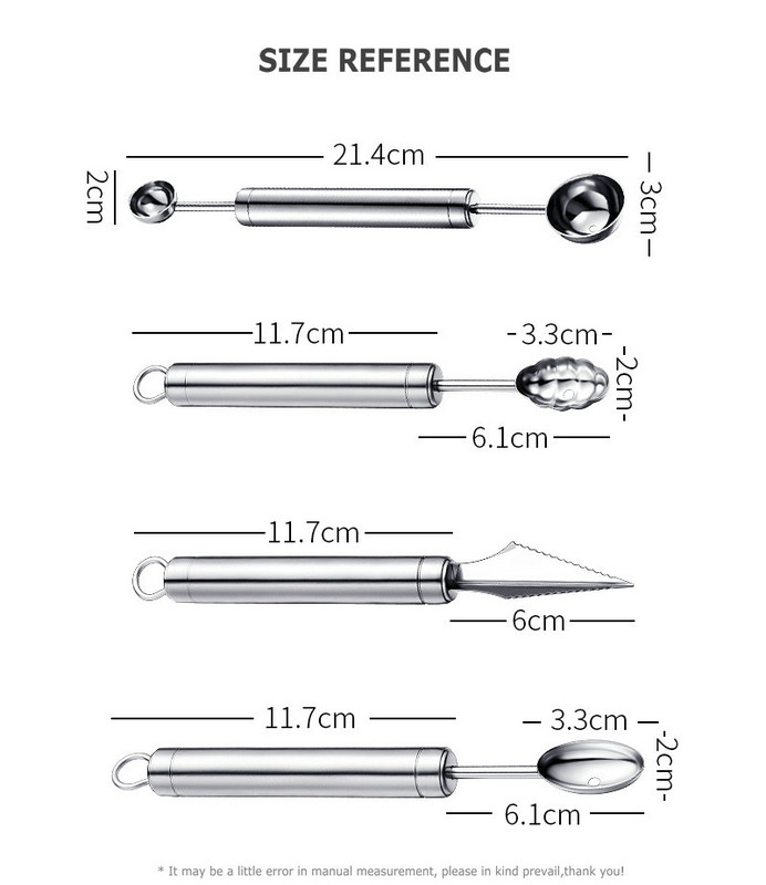 Kūrybinis vaisių pjaustytuvas nerūdijančio plieno vandens meliono kamuoliukų kasimo kaušeliai pasidaryk pats vaisių lėkštės drožimo peilių rinkinys