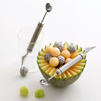 Από ανοξείδωτο χάλυβα Διπλής κεφαλής Fruit Ball Digger Μαχαίρι σκαλίσματος Κυματισμός Οικιακή Συσκευή σκαλίσματος με σέσουλα φρούτων και λαχανικών