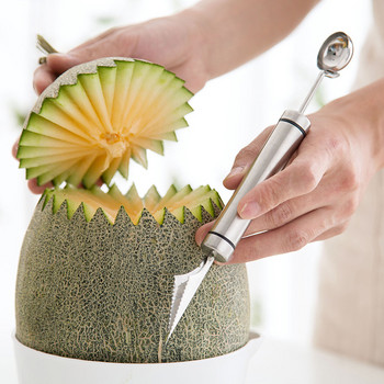 Неръждаема стомана Двойна глава Fruit Ball Digger Ripple Carving Knife Домакинска лъжичка за плодове и зеленчуци Устройство за издълбаване
