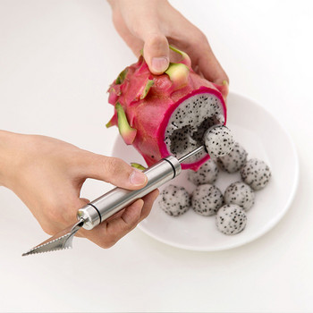 Από ανοξείδωτο χάλυβα Διπλής κεφαλής Fruit Ball Digger Μαχαίρι σκαλίσματος Κυματισμός Οικιακή Συσκευή σκαλίσματος με σέσουλα φρούτων και λαχανικών