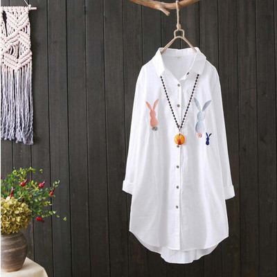 Új női fehér ing 100% pamut Alkalmi viselet gomb Felfelé Turn Down gallér hosszú ujjú blúz Hímzés Női HOT Akció F106