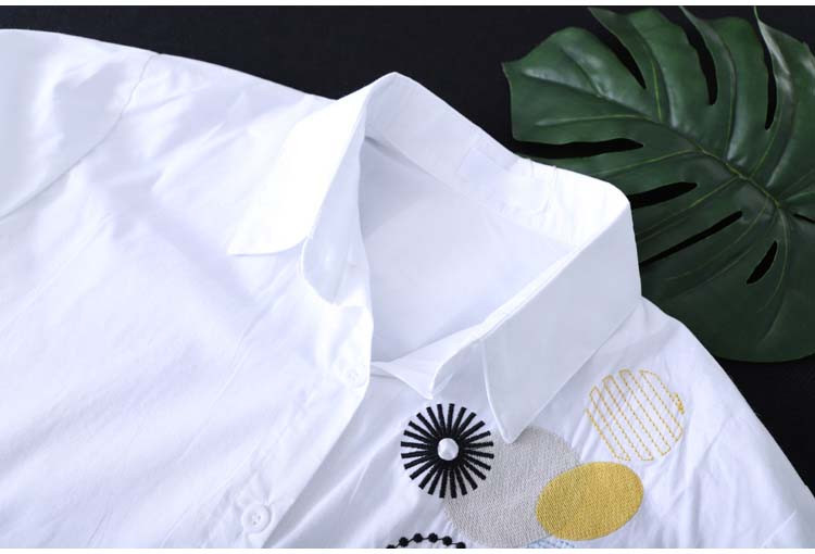 Új női fehér ing 100% pamut Alkalmi viselet gomb Felfelé Turn Down gallér hosszú ujjú blúz Hímzés Női HOT Akció F106