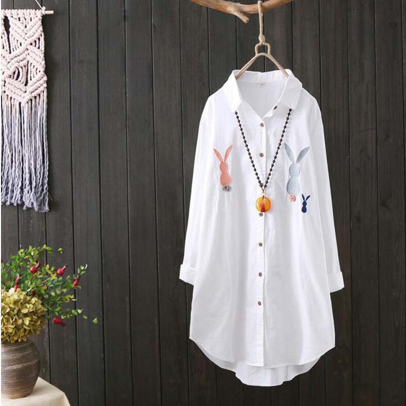 Új női fehér ing 100% pamut Alkalmi viselet gomb Felfelé Turn Down gallér hosszú ujjú blúz Hímzés Női HOT Akció F106