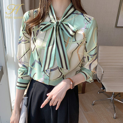 H Han karalienės pavasario vintažinės spaudos biuras Moteriška palaidinė Moteriški marškiniai Bow Tops ilgomis rankovėmis Kasdienis korėjietiškas OL Moteriškos palaidos palaidinės