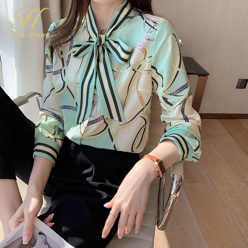 H Han karalienės pavasario vintažinės spaudos biuras Moteriška palaidinė Moteriški marškiniai Bow Tops ilgomis rankovėmis Kasdienis korėjietiškas OL Moteriškos palaidos palaidinės