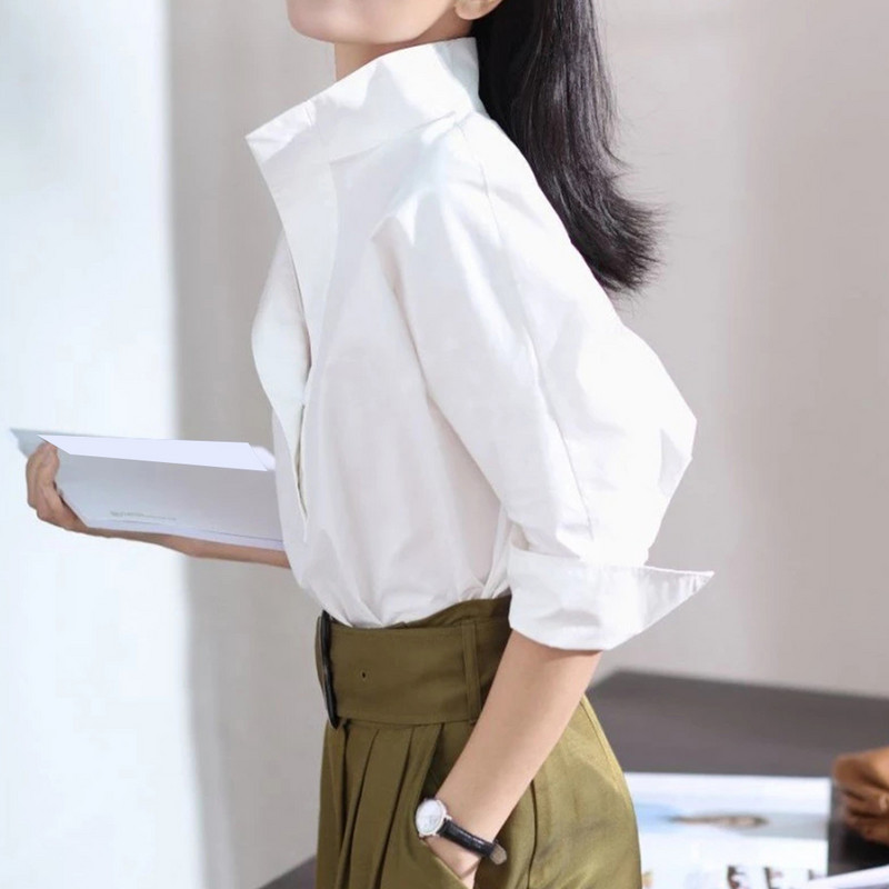 Cămașă de toamnă din bumbac cu mâneci 7/4 Cămașă albă cu guler larg de damă bluză la modă și elegantă