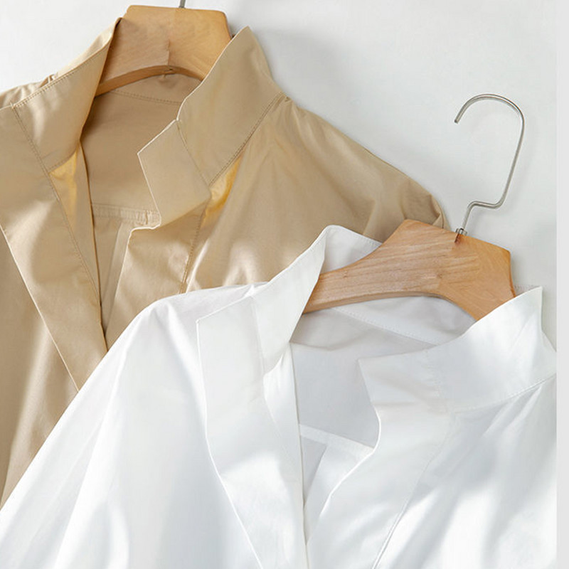 Cămașă de toamnă din bumbac cu mâneci 7/4 Cămașă albă cu guler larg de damă bluză la modă și elegantă