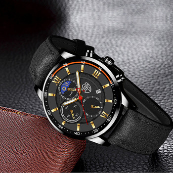Модни мъжки спортни часовници Мъжки бизнес кварцов ръчен часовник Луксозна черна кожена гривна Мъжки ежедневен светещ часовник
