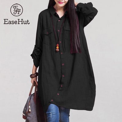 EaseHut Plus Size Ženske vintage lanene bluze dugih rukava Ženske košulje Ženske ležerne majice Duge majice s dugmadima Blusas 5XL