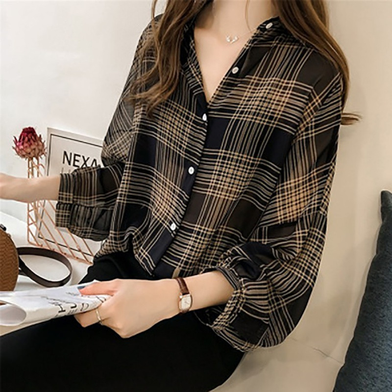 Denevér ujjú sifon blúzok Elegáns kockás ingek Női Őszi alkalmi Chemise Női felsők Tartan Blusas Mujer Plus Size