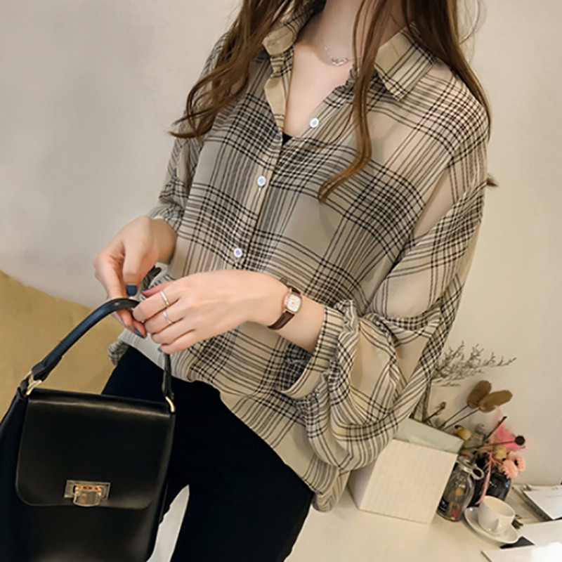 Denevér ujjú sifon blúzok Elegáns kockás ingek Női Őszi alkalmi Chemise Női felsők Tartan Blusas Mujer Plus Size