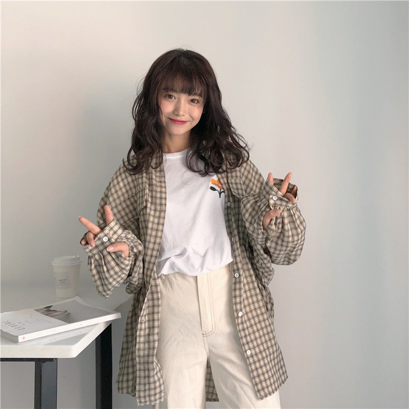 Női ingek tavaszi, hosszú ujjú, kockás, bő, 2XL-es Diákok Univerzális utcai viselet koreai stílusú szabadidő blúzok Női felsők elegáns új